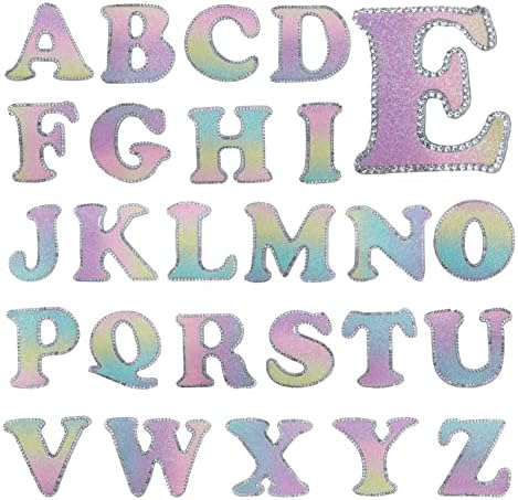 Вилино 26 парчиња букви со железо од железо на закрпи што тресат англиски шие на лепенка А до З Шарена буква Апликации на сјајни декорации