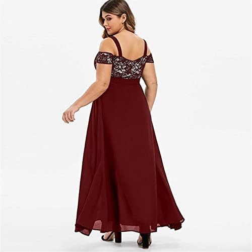 Фустани за забави на Adhowbew за жени чипка ладно рамо шифон макси фустан Елегантен плус големина со висока половината лизгање на половината