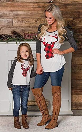 Божиќни облеки мама и јас мода елен печати долг ракав маица блуза врвови што одговараат на семејни облеки