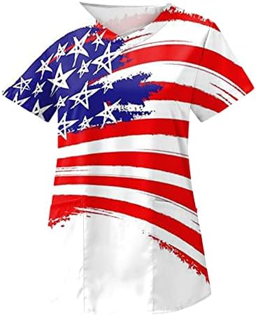 4-ти јули маичка за жени за жени во САД ЛЕТСКИ Краток ракав V врат маица со 2 џебови смешна празнична работна облека