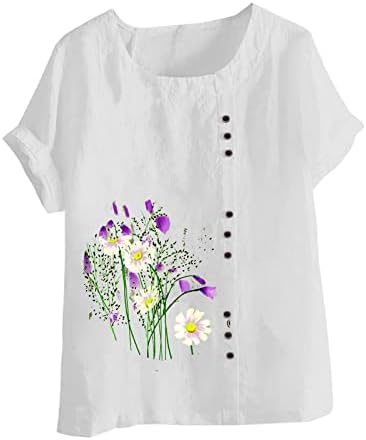 Daisy Poppy Floral Graphic Bluze Tilts за дами кратки ракави 2023 постелнина памучна екипа на вратот преголем случајен врвен врв