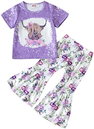 Девојки девојки кратки ракави цртани филмови крави печатени маички пулвер врвови цветни bellвончиња од дното панталони Деца девојки летна облека