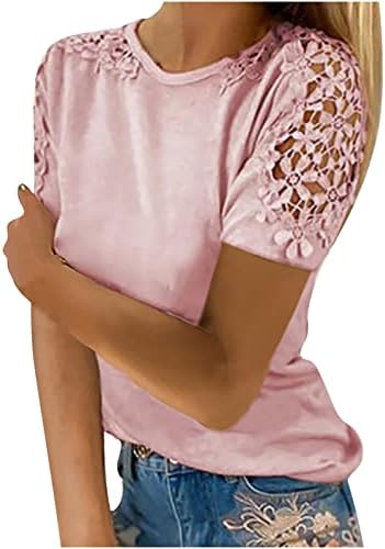 Женски шутирани чипка врвови цврсти екипи во боја краток ракав плус маици со големина секси трендовски обични блузи од туника