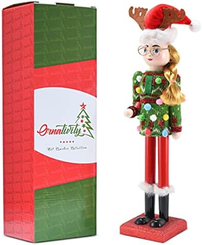 Орнатичност Божиќ грда џемпер на оревчести џемпер - црвена и зелена дрвена оревчеста жена со грда џемпер и ирваси капа Божиќ тематски