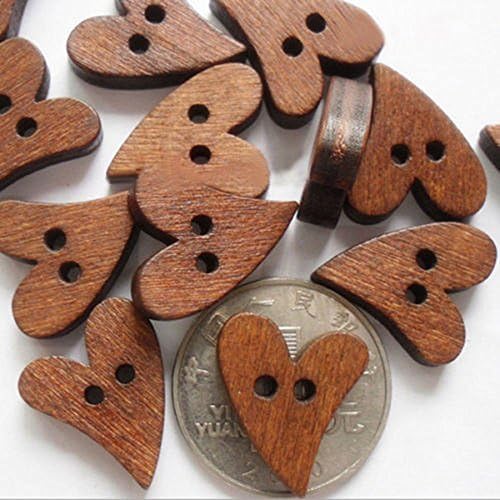 Oryougo 100 парчиња кафеави дрвени копчиња за шиење на белег за brabeубов heartубов срце мешано