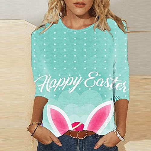 Велигденска кошула за жени Симпатични зајаче јајца Печатени маички 3/4 ракав Обичен маица пуловер летен круг на вратот блуза врв