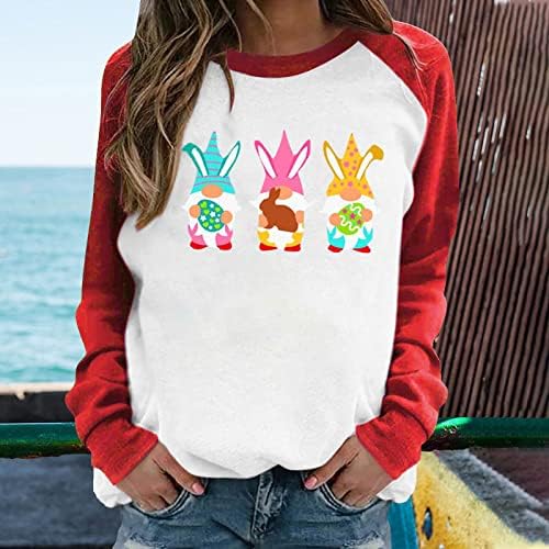 Womenенски велигденски џемпер смешни гноми зајаче јајца печатени врвови со долги ракави екипаж, обичен пулвер, пролетна облека