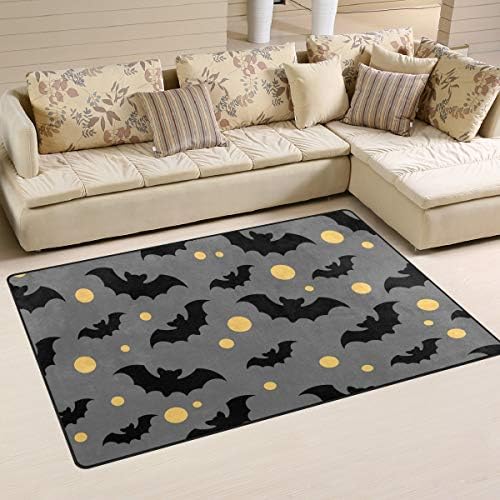 Алаза среќен килим за Ноќта на вештерките, симпатична шема Месечина црни лилјаци подни теписи нелизгаз за живеење за живеење во соба