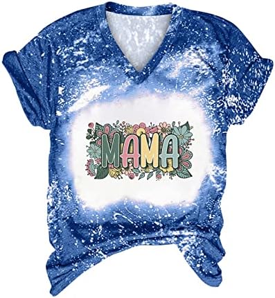 Среќна маица за Денот на мајката, жени цветни мама буква печати врвови, случајни кратки ракави V вратот изветвени кошули блуза
