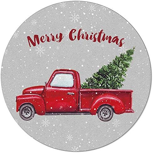 Област килим со не лизгање гума за поддршка на затворен простор, весели Божиќни зимски снегулки гроздобер црвен автомобил со елка, тркалезна
