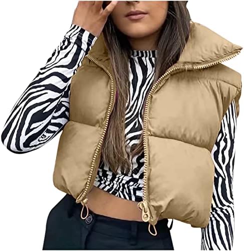 Dnuri жени зимски исечени пуфери елек со висок штанд со јака со лесна тежина изолирани култури елементи за надворешна облека тинејџерска девојка