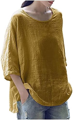 Womenените околу вратот цврсти три четвртина ракав памучни врвови блузи маица тенок памучен врв основни туники, врвови мода мода