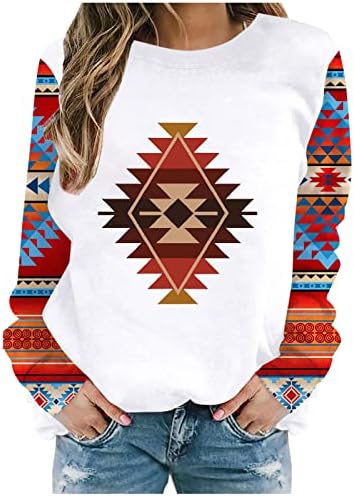 Падот на врвовите за жените маица западна Ацтек печати џемпер блуза со долги ракави со екипаж кошули за крпеница лабава пулвер