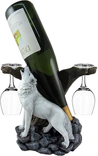 DWK - Вино на дивината - Хаулинг бел волк Вино приказ поставен со чаши планински шума држач за шишиња за шишиња Дома декор за табели центар за