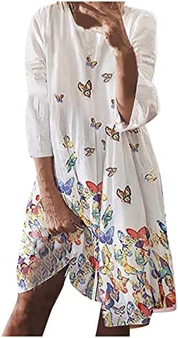 Домашни фустани 2023 година, женски обичен удобен тркалезен врат пеперутка/лисја печати долг ракав фустан