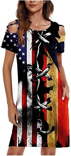 Денот на независноста на HCJKDU фустани за жени ладно рамо околу вратот Американско знаме мини фустан обичен лабав фустан со џебови