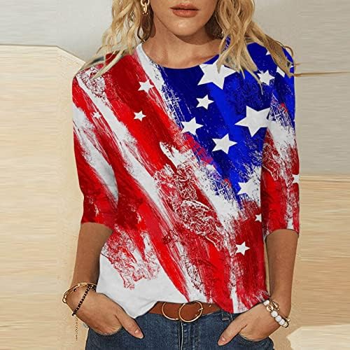 Тинејџерска девојка 3/4 ракави врвови во САД знаме starвезда графички врвови кошули екипаж на екипаж есен летни врвови 2023 облека хм