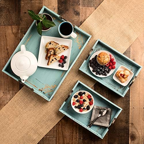 Табела за табела за кафе со рачки-3-парчен гроздобер стил Аква сина декоративна послужавник сет-Отоманска послужавник за дневна соба,
