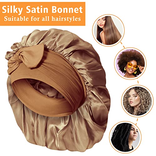 Kenllas Satin Silk Boundet за жени - Големо капаче за спиење со врзана лента за кадрава лесна плетенка за нега на коса （Црно и злато）