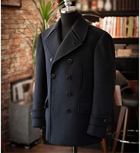 Машка волнена палто Зимско црно двојно гради со долга палто со долги палти, обичен моден убав палто