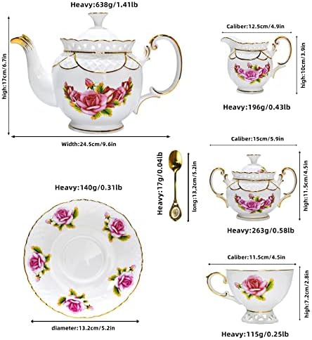 Acmlife Bone Chine Chine Set чај чаши и чинии 21-парчиња чаши чај од порцелани сет од 6 чајни комплети со чајник, сад со шеќер, крем стомна,