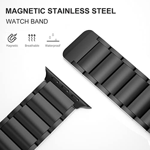 Магнетна лента од не'рѓосувачки челик компатибилен со ленти со Apple Watch 42mm 44mm 45mm 38mm 40mm 41mm, метална магнетна црна класична