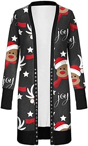 Ndvyxx Божиќна кардиган за жени 2022 Отворен преден печатење лесни џемпери со џемпери со долга ракав Обична лабава кошула