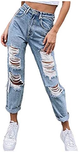 Копчиња тексас фармерки со џебови трендовски буги високи половини жени џеб еластична дупка панталони тексас тенок панталони женски