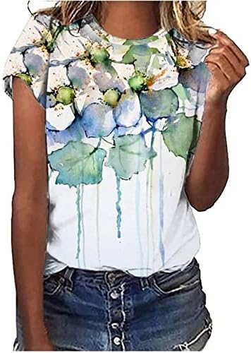 Девојки блузи цветни графички блузи за жени кратки половина ракав спандекс случајни летни есенски блузи облека за облека