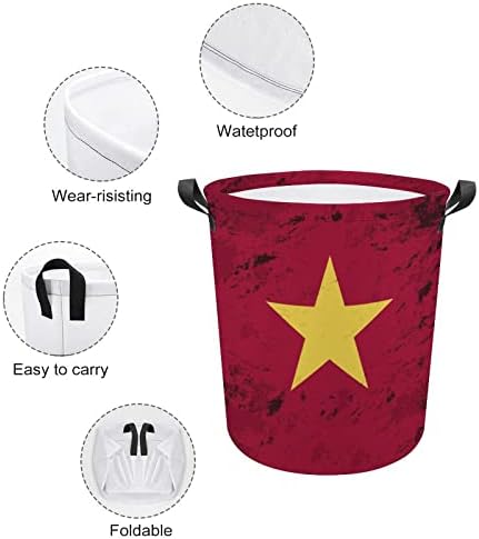 Гроздобер Виетнамско знаме за преклопување на перална корпа за водоотпорна торба за складирање со рачка 16,5 x 16,5 x 17