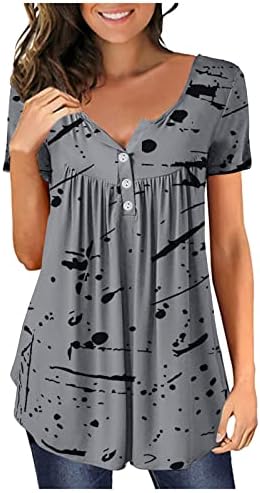 Краток ракав Хенли кошули за жени модни модни врвни кратки ракави за секојдневно копче за печатење надолу од туники