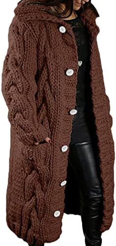 Џемпер палто женски зимски топол бучен плетен кабел кардиган цврста боја случајна долга ракав палто со долги копче