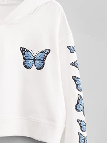 Ојоангл девојка Пеперутка Печата Печати со долги ракави капка рамо за рамо, џокери за џуџиња, качулка, маичка со маичка со култура