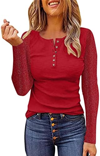 PMMQRRKUU женски ребрести плетени Хенли врвови со долги ракави копче надолу од тунични врвови чипка V вратот блузи тенок вклопна маица