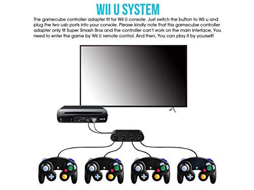 Адаптер за контролер на GameCube за Wii U и 4 Port Black Super Smash Bros GameCube адаптер за Wii U компјутер USB прекинувач