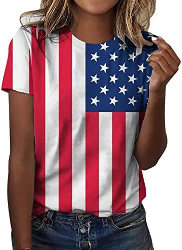 4-ти јули кошули жени Американски знаме лето кратки ракави против маички со маички со врата, вратоврски за време