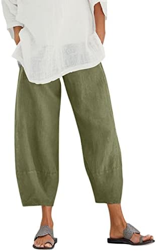 Харпил Постелни панталони за жени, летни обични џебови памучни постелнини широки нозе влечење еластична половината Каприс култури панталони