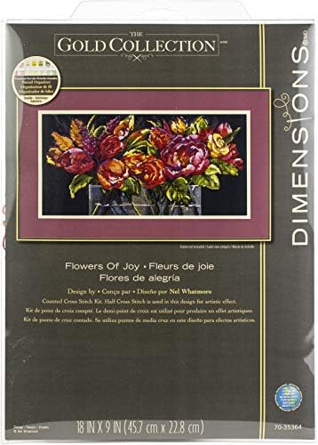 Димензии „Цвеќиња на радост“ сметаат колекција на злато за комплет за вкрстено бод, 14 брои црна Аида крпа, 18 '' x 9 ''