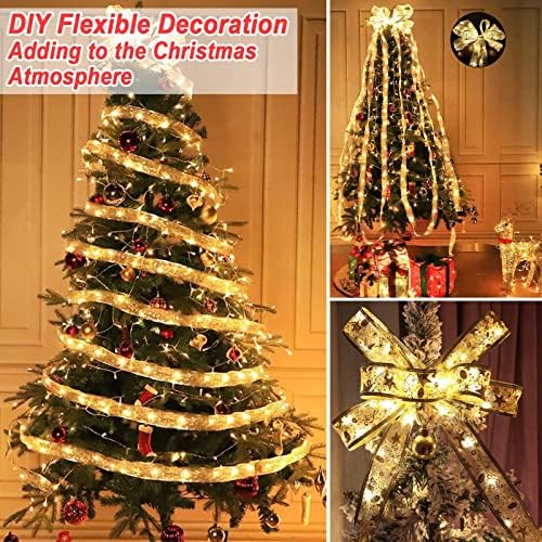 Божиќни ленти со светла злато украси за новогодишна елка 32.8ft 100 LED светла батерија напојувани Божиќни лакови самовила светла светла на отворено
