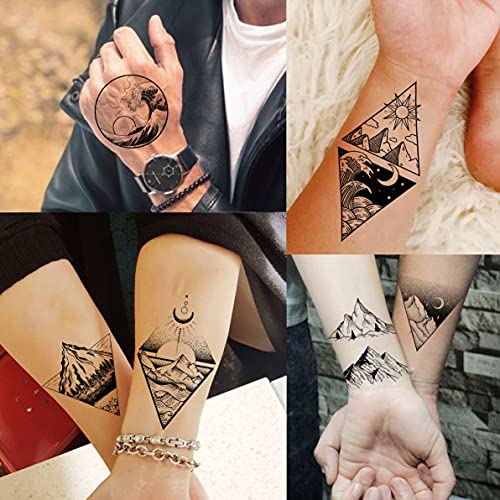 ГОРОМОН 52 Листови Мала Црна Планина Привремени Тетоважи За Мажи Жени Возрасни, Геометриски Морето Ткаат Шума Бор Реална Тетоважа