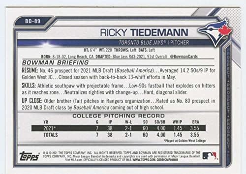 2021 Bowman Draft BD-89 Ricky Tiedemann RC Rackie Toronto Blue Jays MLB Baseball Trading Card