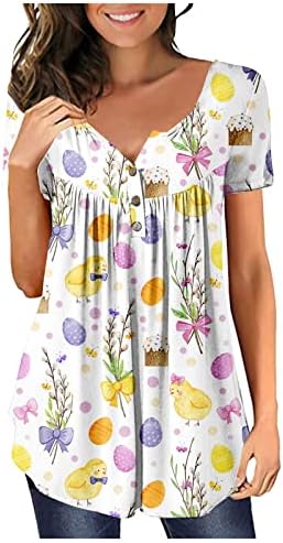 Trebin Women'sенски V-вратче копче за печатење Цвет со кратки ракави за кратки ракави на врвот на маицата