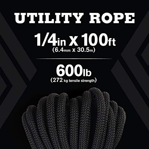 Атвуд јаже МФГ 1/4 инчен Плетенка Алатка јаже. Црно, 100 стапки Произведено Во САД, Лесно Силно Разноврсно Јаже за Кампување, Преживување, САМОДОВЕРБА,