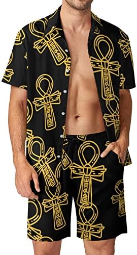 Египет Анх Машки 2 парчиња облека на плажа на Хавајски копче надолу со кошула со краток ракав и костуми за шорцеви