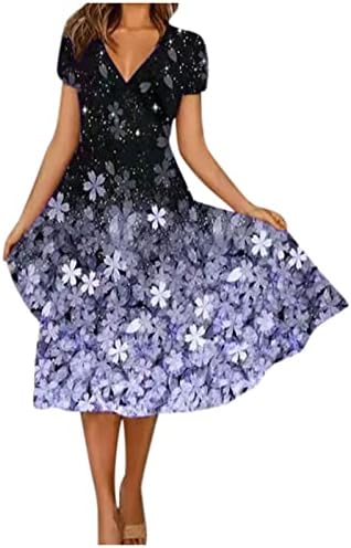 Пролетен породилен фустан, женски летен летен моден моден цветен принт краток ракав за замав фустан со врат со врат