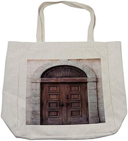 Амбесон рустикална торба за купување, заоблена дрвена венецијанска врата со источни кралски отомански елементи Европска култура,