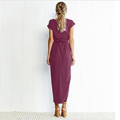 Fragarn жени летни облеки, женска летна цврста боја на половината со кратки ракави, тенок неправилен фустан