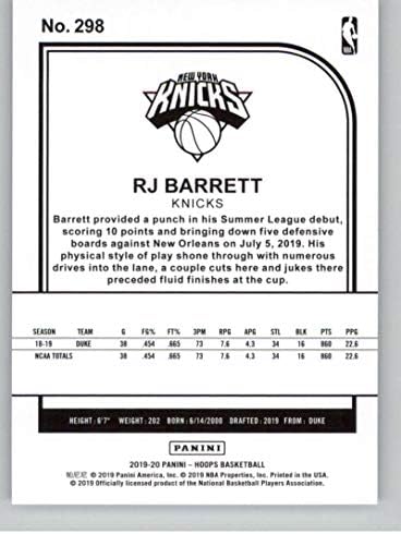 2019-20 Панини обрачи 298 RJ Barrett New York Knicks RC RC Dookie NBA кошарка за трговија со кошарка