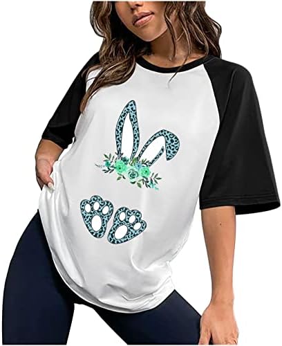 Womenенски Велигденски блок во боја, маица со кратки ракави, кошули за зајаче, симпатична зајак графичка вера вера, лето случајна лабава врв