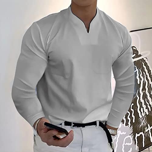Dsodan Mens V вратот Хенли кошули со долг ракав, пролетен мускул тенок фит деловна обична маица без јаки врвови со џеб